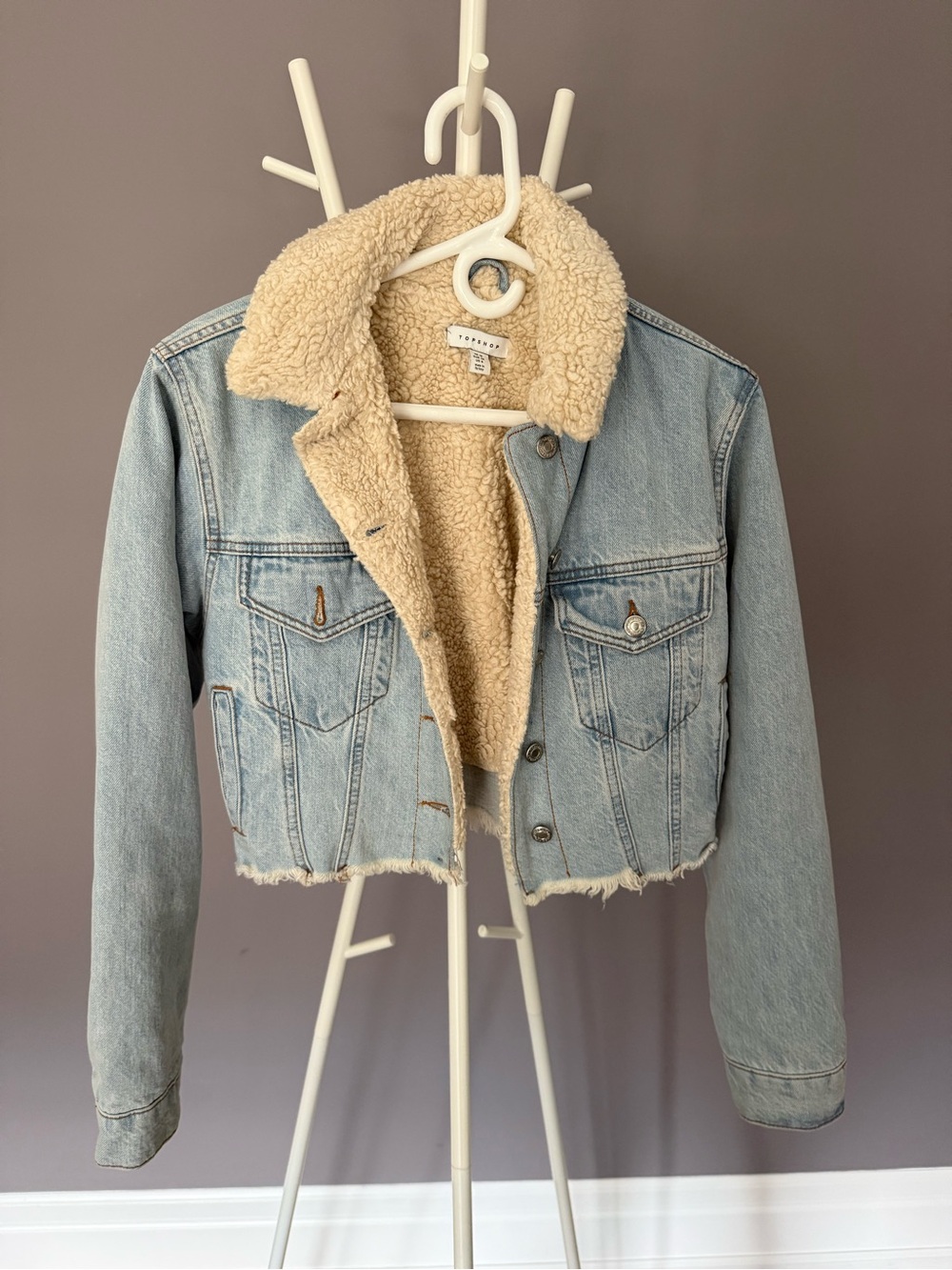 Topshop Light Wash Denim Sherpa-Lined Jacket - Cream Collar